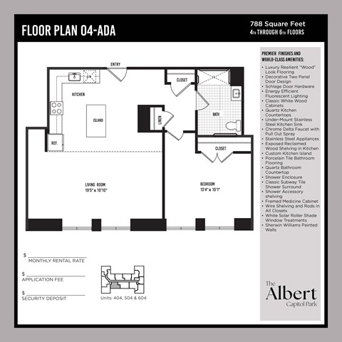 Floor plan for 1 bed, 1 bath, 788 sqft